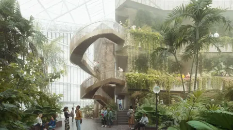 Kin Creatives for Allies and Morrison and Asif Khan Studio A computer-generated imagery (CGI) of Barbican Centre works. It shows the inside of the conservatory area of the centre with huge ferns and other plants, and a staircase linking floors, with people inside.