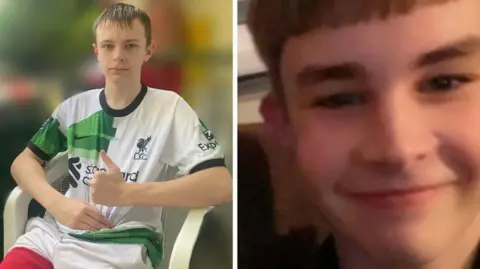 Handout Composite picture of Mason and Max. Mason has short hair brushed forward and is wearing a white Liverpool shirt with a green pattern on it with his thumb up at the camera. Max is shown close up and is smiling at the camera.