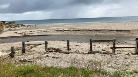 A beach with a series of wooden posts and an inlet of water