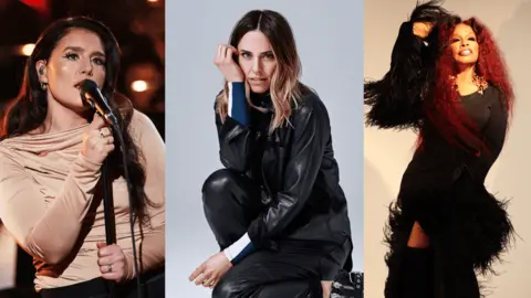 BBC/Contributed Jessie Ware singing, Mel C posing on one knee, Chaka Khan posing in a black dress