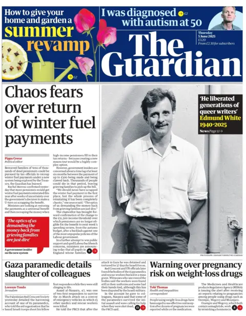 "Chaos fears over return of winter fuel payments" reads the headline on the front page of The Guardian.