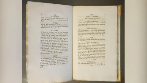 Hansons Auctioneers The inside of the dictionary which shows a white page and different terms in black ink