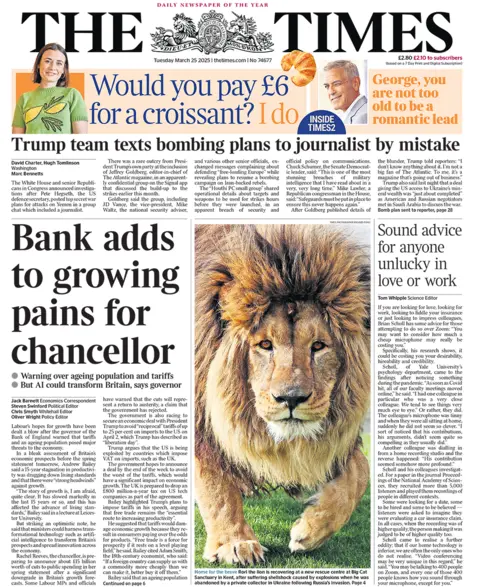 The Times with headline: "Bank adds to growing pains for chancellor"