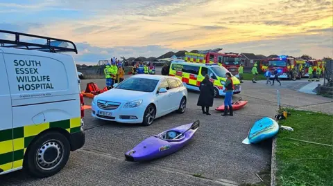 Rosie Barrett Picture shows emergency services including a South Essex Wildlife Hospital white van, two fire engines and multiple people. A red and purple kayak and blue paddleboard can also be seen.