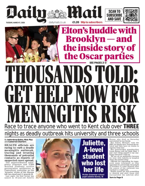 "Thousands told: get help now for meningitis risk" reads the headline on the front page of the Daily Mail.
