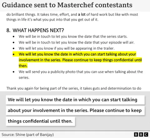 Excerpt of a guidance document sent to MasterChef contestants by Shine (part of Banijay). It highlights this sentence: “We will let you know the date in which you can start talking about your involvement in the series. Please continue to keep things confidential until then.”