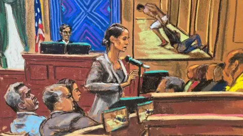 In courtroom sketch, Sean "Diddy" Combs listens alongside his lawyers Marc Agnifilo and Teny Geragos as prosecutor Christy Slavik makes her closing arguments. Jury members are seen on the right and Judge Arun Subramanian watches on on the top left. On a screen, the jury is being shown a video of Diddy dragging Cassie Ventura on the floor of a hotel.