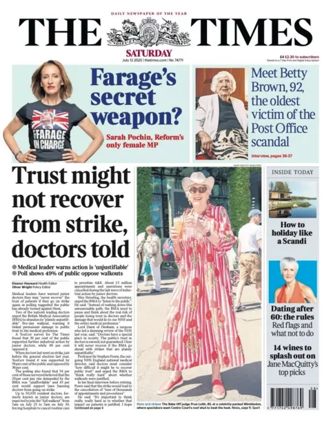 The headline on the front page of the Times reads: "Trust might not recover from strike, doctors told".