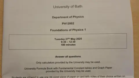 Image of an exam paper that says University of Bath at the top. It has the title of Foundation of Physics 1. The date says Tuesday 27th May 2025 and states 9:30 - 12:30 and 180 minutes.