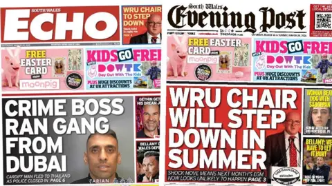 Front pages of the South Wales Echo and South Wales Evening Post