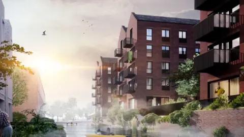 Places for People/Glenn Howells Architects A computer-generated image of a canal-side development