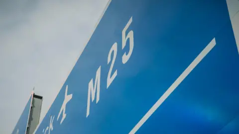Getty Images A portion of a blue M25 sign with grey sky seen behind it.