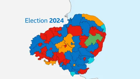 An illustrated map of the East of England, titled 'Election 2024'. The map is coloured to show which political parties were successful at the election. There are large patches of red and blue, one green, a handful of yellows for the Lib Dems, and three light blues, representing Reform UK