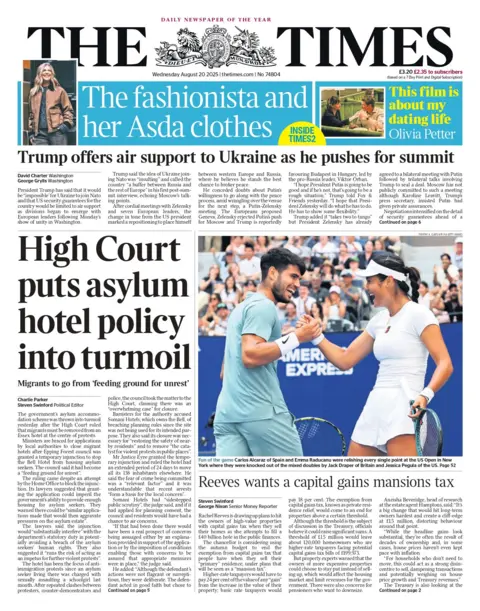"High Court puts asylum hotel policy into turmoil" reads the headline on the front page of The Times.