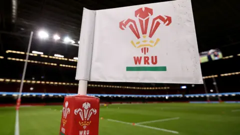 Flag with Welsh Rugby Union logo at Principality Stadium