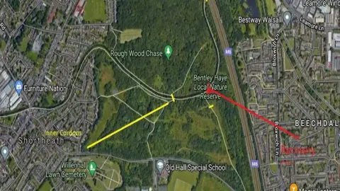 West Midlands Police A map of at Rough Wood Country Park near Willenhall with a red line and yellow line identifing an area where the baby was found