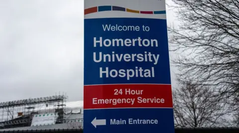 A directional sign for the Homerton University Hospital main entrance in London.