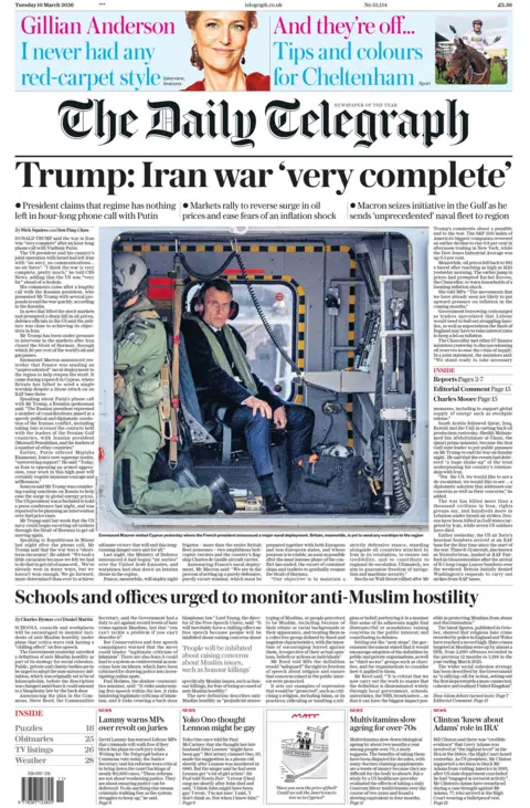 "Trump: Iran war 'very complete'," reads the headline on the front page of the Daily Telegraph.