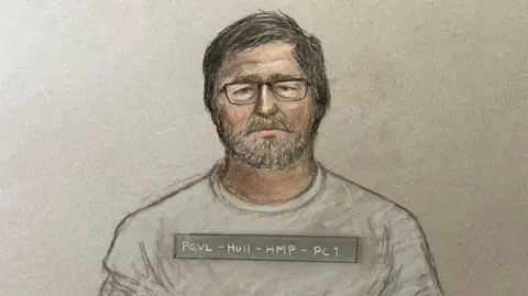 Court artist picture of Vladimir Motin he has short dark hair and beard and is wearing glasses and a grey top