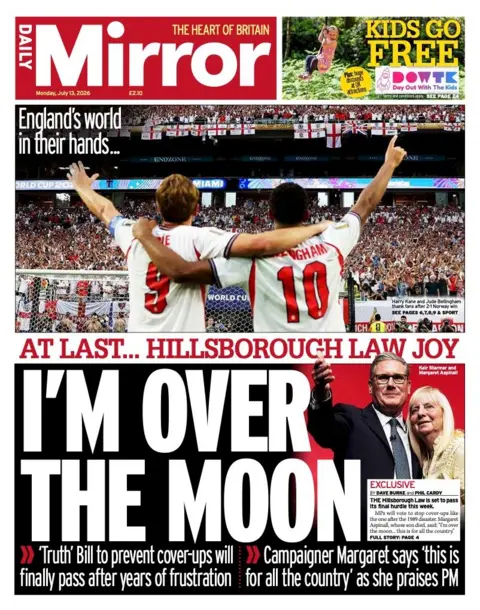 "I'm over the moon" reads the headline on the front page of the Daily Mirror.
