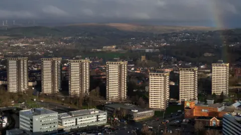 Reuters A drone view of a rainbow behind the seven sisters residential tower blocks in Rocdhale. 