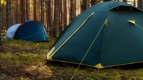 Two tents in woodland. One is green and yellow, and the other one is red and blue. There are tall trees in the background.