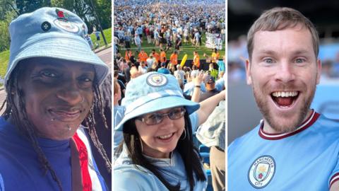 Manchester City fans Andrew Bucknall, Emily Brobyn and Ellis Palmer