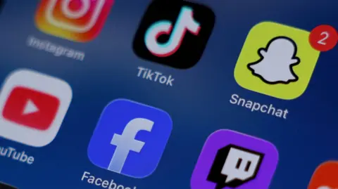 Reuters A close up shot of a phone screen. It shows the icons for several popular social media apps including Snapchat, Tiktok and Instagram. 