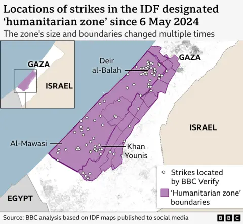 Locations of strikes in the IDF designated "humanitarian zone" since 6 May 2024, according to BBC analysis.