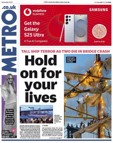 The front page of the Metro with the headline "Hold on for your lives." 