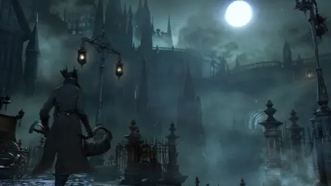 An animated scene shows a character with horns and a long jacket looks out at a dark and starry background with moody lighting, a castle and turrets. The scene is lit up by moonlight and has a green hue.