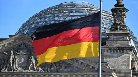 German flag fluttering infront of the German Reichstag building