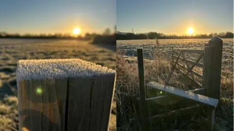 Two pictures side by side, on the left: a picture of frost spikes on a gatepost zoomed in with a field and the sun rising in the background. To the right, a zoomed out picture of the entire stile with the sun rising and fields in frost.