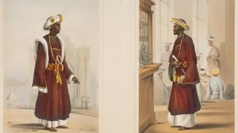 DAG Dhullo (left) and Dedar Khan (right), the head servants at Government House in Calcutta, are shown in their winter livery. As senior attendants to Lord Auckland, they alone wore daggers at their waists, while, like all Indians at Government House, they remained barefoot indoors.