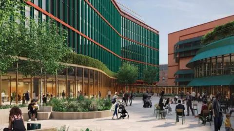 SMBL An artist's impression of another side of the extended building, featuring green and orange cladding and windows with open commercial space below. Wide open paved space with planting and seating can also be seen in the foreground, with outdoor seating and curved windows and green roofing on the right of the image