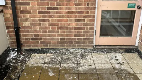 Darren Rozier/BBC A building's balcony the floor of which has been covered in bird mess.