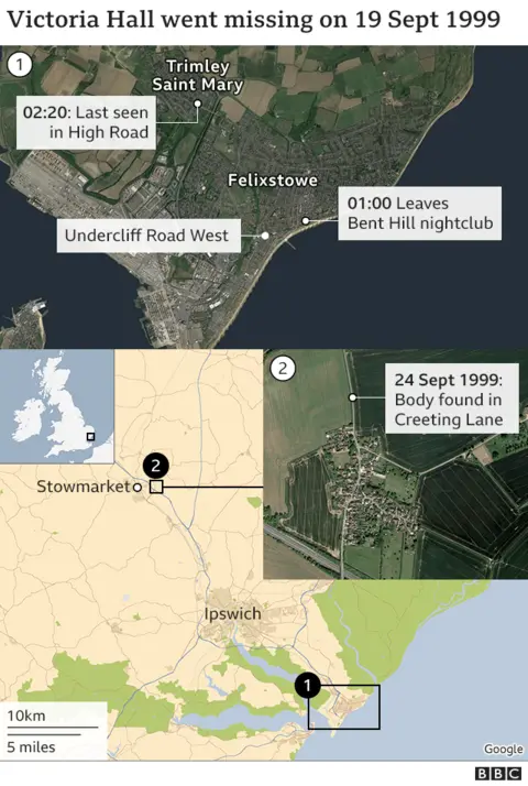 . A graphic showing locations where Victoria Hall had been on 19 September 1999 when she left the Bandbox nightclub in Felixstowe at 01:00, was last seen in Trimley St Mary at 02:20, and where her body was found at Creeting St Peter on 24 September 1999.