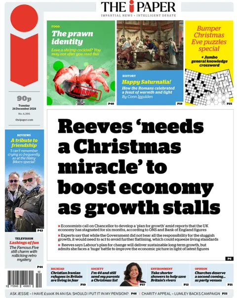 The i front page reads "Reeves 'needs a Christmas miracle' to boost economy as growth stalls"