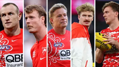  Composite image, from left, shows: Chad Warner, Nick Blakey, Isaac Heeney, Riley Bice and James Jordon – the five Swans players who have been suspended.