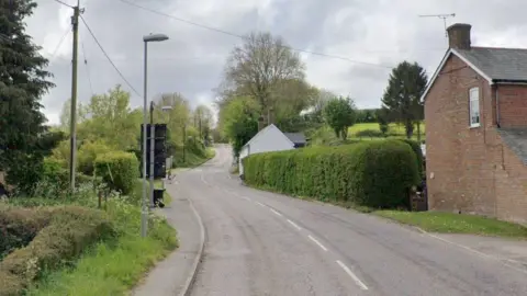 A winding contry road shows two lanes, on the left is shrubbery, bushes and trees with a number of lamposts and road signs while on the right there are two properties, a white house with a grey roof and chimney, and then a red brick house with a grey roof and chimney