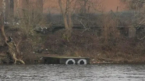 Psa Two large eyes, painted on a small pier at a river