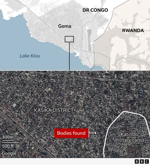 Map of Kasika district showing Katindo military camp in Goma, DR Congo, and the site where bodies were found after killings on 22 February 2025.