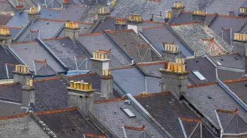 A large number of grey slated roofs with tall chimneys.