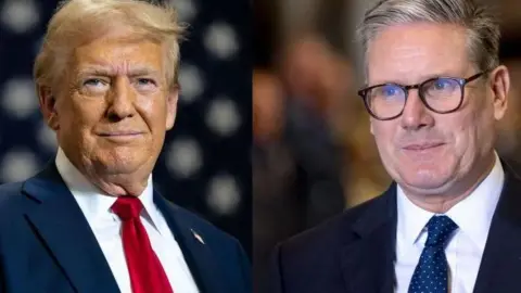 Composite of Donald Trump standing in front of an American flag wearing a blue suit and red tie and Sir Keir Starmer wearing a dark suit and blue tie with white spots