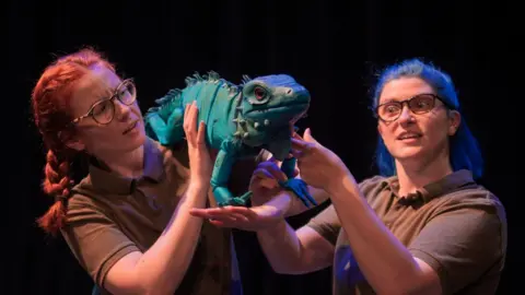 Scarlet Oak Theatre Two performers hold and manipulate a detailed turquoise lizard puppet under theatrical stage lighting. The scene focuses on the puppet’s expressive design against a dark, uncluttered background.
