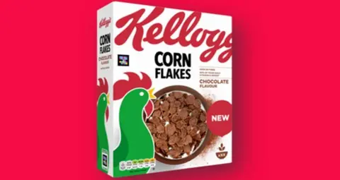 Kellogg's A box of chocolate flavoured Kellogg's corn flakes on a red background