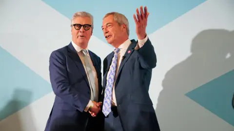 PA Media Malcolm Offord and Nigel Farage shaking hands in dark suits in front of a Saltire background