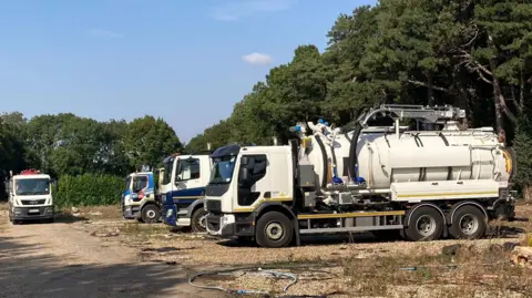 An image of the former nursery site in Istead Rise, Kent. A number of lorries are visible on the right-hand side of the image, with the front of two cars seen on the left. The area is surrounded by lines of mature trees.