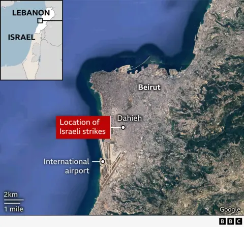 Una mappa di Beirut e dei suoi sobborghi mostra Tahi, a sud della capitale, contrassegnato come il “luogo degli attacchi israeliani”.