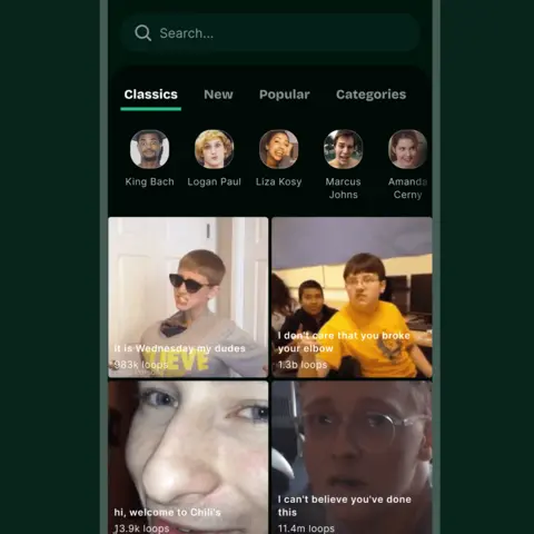 Divine A mock-up of a phone with the Divine app showing classic Vines including "I can't believe you've done this" and "hi, welcome to Chili's".